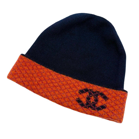 【美品】 CHANEL シャネル GLOVES HAT SET ニット帽 手袋 ２点セット 小物 ネイビー、オレンジ系  中古