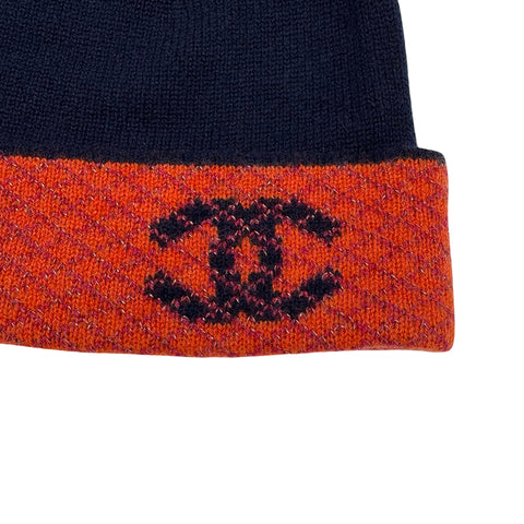 【美品】 CHANEL シャネル GLOVES HAT SET ニット帽 手袋 ２点セット 小物 ネイビー、オレンジ系  中古