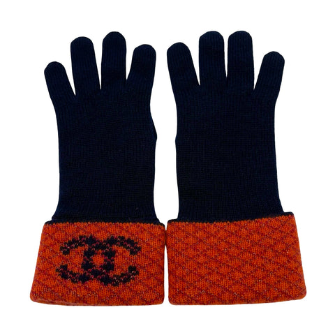 【美品】 CHANEL シャネル GLOVES HAT SET ニット帽 手袋 ２点セット 小物 ネイビー、オレンジ系  中古