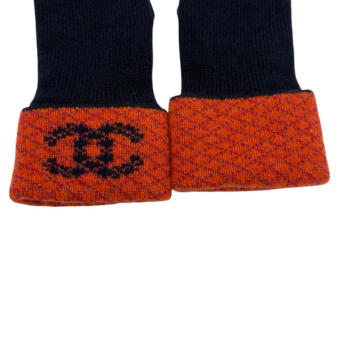 【美品】 CHANEL シャネル GLOVES HAT SET ニット帽 手袋 ２点セット 小物 ネイビー、オレンジ系  中古