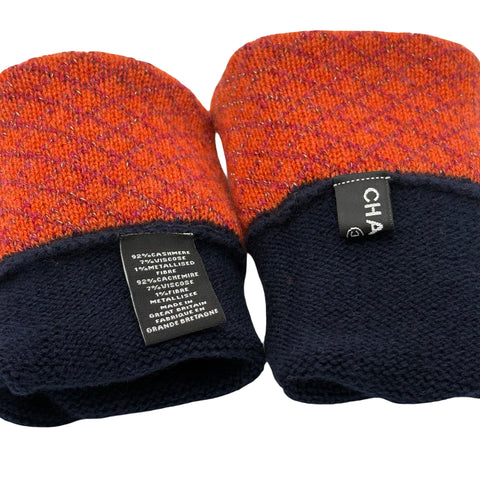 【美品】 CHANEL シャネル GLOVES HAT SET ニット帽 手袋 ２点セット 小物 ネイビー、オレンジ系  中古