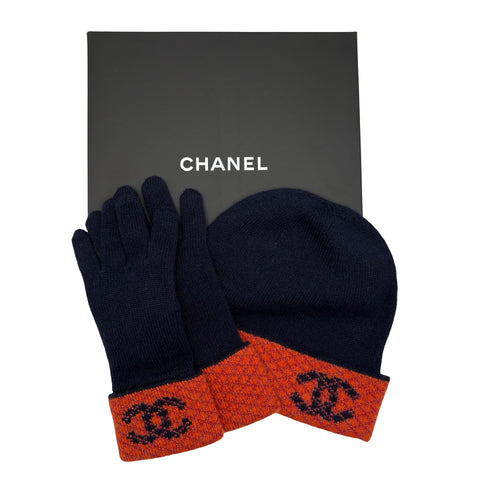 【美品】 CHANEL シャネル GLOVES HAT SET ニット帽 手袋 ２点セット 小物 ネイビー、オレンジ系  中古