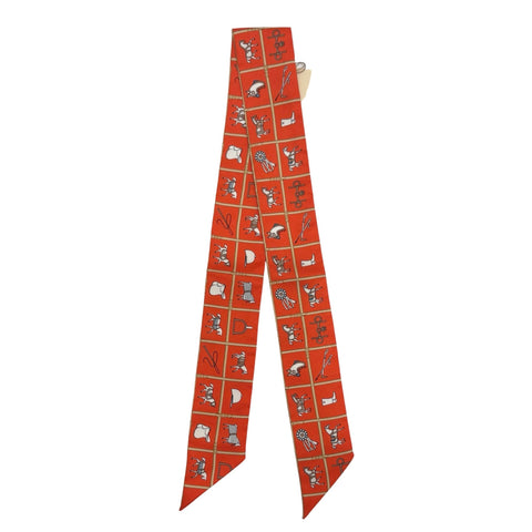 【新品未使用】 Hermes エルメス TWILLY《Couvertures et Tenues De》 ツイリー《馬着》 TWILLY ヴォーミリオン/ベージュ/ホワイト シルク100％ 新品未使用 SILK100%