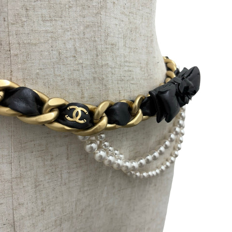 【中古】 CHANEL シャネル CHAIN BELT チェーンベルト BELT GP/レザー/模造真珠 中古