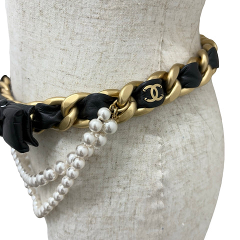 【中古】 CHANEL シャネル CHAIN BELT チェーンベルト BELT GP/レザー/模造真珠 中古