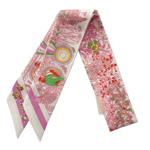 【新品未使用】 Hermes エルメス  ツイリー《ポニー・ピット・ストップ》 TWILLY 白 / ピンク / マルチカラー シルク100% 新品未使用