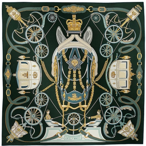 【新品未使用】 Hermes エルメス カレ 90 《ステイトリー・ホイールズ》 小物 ヴェール・アントラシト / ヴィエイユ・オール / 白 スカーフ シルク100% 新品未使用 SILK100%