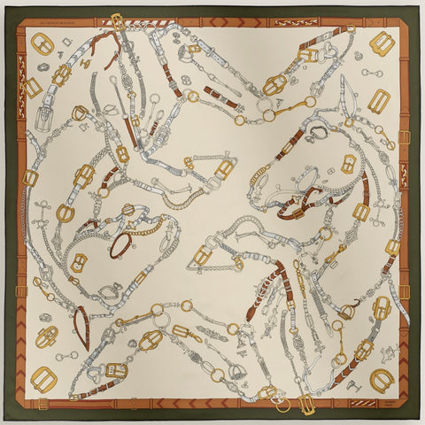 【新品未使用】 Hermes エルメス カレ 90 《シュヴォー・デシェネ》 小物 イヴォワール / ヴェール・ロデン / ヴィエイユ・オール スカーフ シルク100％ 新品未使用 SILK