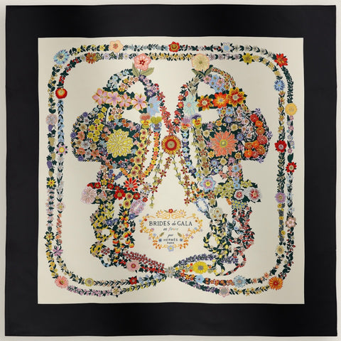 【新品未使用】 Hermes エルメス カレ 90 《ブリッド・ドゥ・ガラ・アン・フルール》 小物 黒 / イヴォワール / マルチカラー スカーフ シルク100% 新品未使用 SILK100%