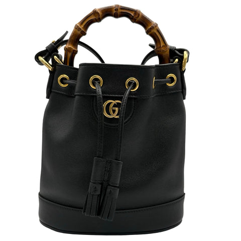 【中古】 GUCCI グッチ BAMBOO DIANA 2WAY DRAWSTRING BAG バンブー ダイアナ 2WAY巾着バッグ ショルダーバッグブラック レザー 中古 USED バッグ