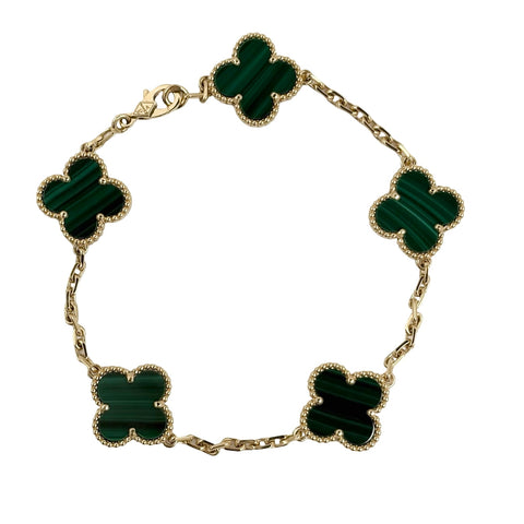 【中古】Van Cleef＆Arpels ヴァンクリーフ＆アーペル K18YG VINTAGE ALHAMBRA  BRACELET ヴィンテージ アルハンブラ イエローゴールド， マラカイト ブレスレット、5モチーフ
