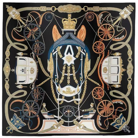 【新品未使用】 Hermes エルメス SCARF カレ 90 《ステイトリー・ホイールズ》 SCARF 黒 / カーキ / ヴィエイユ・オール シルク100％ 新品未使用 100%SILK