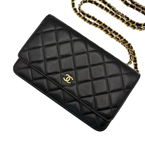 【中古】 CHANEL シャネル WALLET WITH CHAIN チェーンウォレット ショルダーバッグ  24番台(2017年) ブラック ラムスキン 中古 USED バッグ