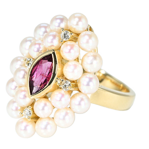 【中古】TASAKI タサキ K18YG ピンクトルマリン・アコヤ パールリング D0.08ct 9.3g #11 ONE PRICE