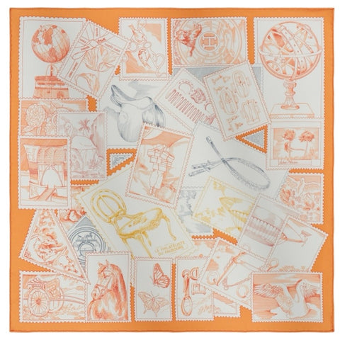 【新品未使用】 Hermes エルメス SCARF ガヴロッシュ 《フォーブルの切手愛好家》 カレ45 スカーフ オランジュ・キュイ / 白 / グレー シルク100% 新品未使用 100%SILK