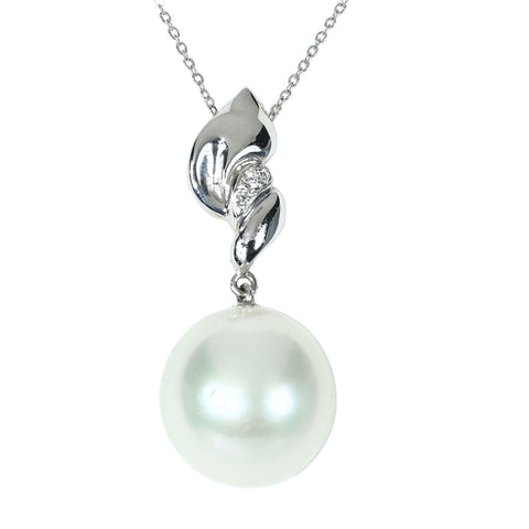 【美品】K18WG SOUTH SEA PEARL NECKLACE 白蝶南洋パールペンダントネックレス P13.8mm D0.03ct 6.3g 42cm