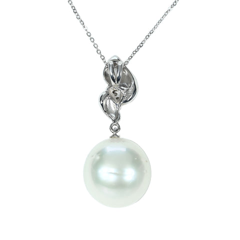 【美品】K18WG SOUTH SEA PEARL NECKLACE 白蝶南洋パールペンダントネックレス P13.8mm D0.03ct 6.3g 42cm