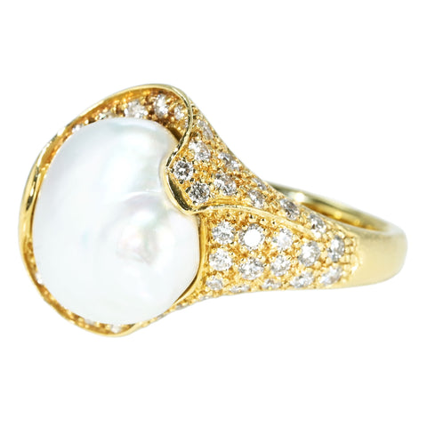 【中古】 MIKIMOTO ミキモト K18YG PEARL RING 無核白蝶（ケシ）パールリング 13.5~14.2mm D1.31ct 14.2g #13 鑑別カード BOX