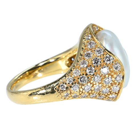 【中古】 MIKIMOTO ミキモト K18YG PEARL RING 無核白蝶（ケシ）パールリング 13.5~14.2mm D1.31ct 14.2g #13 鑑別カード BOX