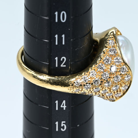 【中古】 MIKIMOTO ミキモト K18YG PEARL RING 無核白蝶（ケシ）パールリング 13.5~14.2mm D1.31ct 14.2g #13 鑑別カード BOX