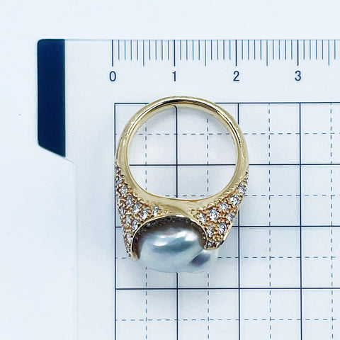 【中古】 MIKIMOTO ミキモト K18YG PEARL RING 無核白蝶（ケシ）パールリング 13.5~14.2mm D1.31ct 14.2g #13 鑑別カード BOX