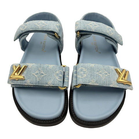 【美品】 LOUIS VUITTON ルイヴィトン DENIM SANDAL ロゴ付きモノグラムデニムベルトサンダル 37.5 USED 中古 SHOES 靴