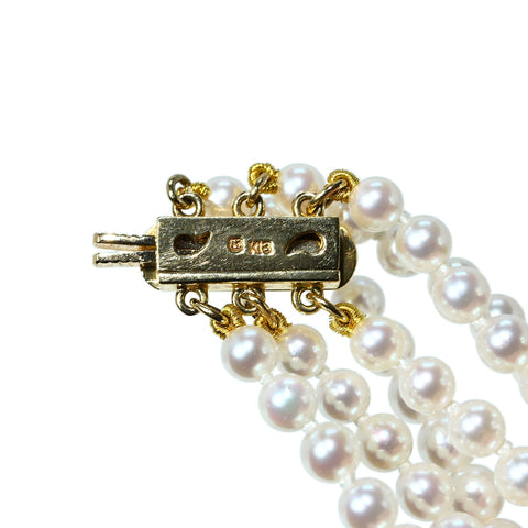 【中古】MIKIMOTO ミキモトK18YG AKOYA PEARL NECKLACE アコヤパール3連ネックレス 40cm 42.4g 保存袋  ONE PRICE
