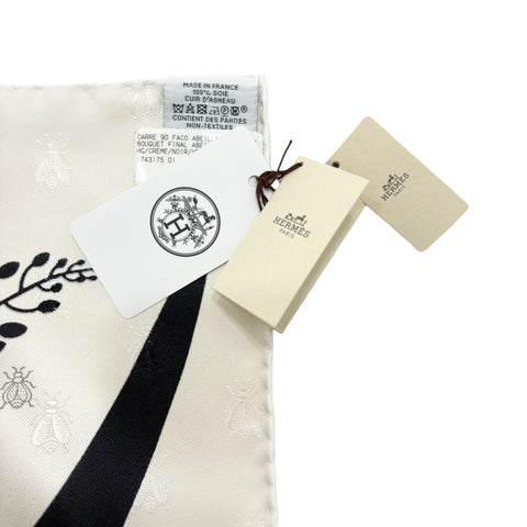【新品未使用】 Hermes エルメス カレ90《ブケ・フィナル・アベイユ》 スカーフ SCARF クレーム/黒/ヴァーミリオン シルク100％ 新品未使用 100%SILK