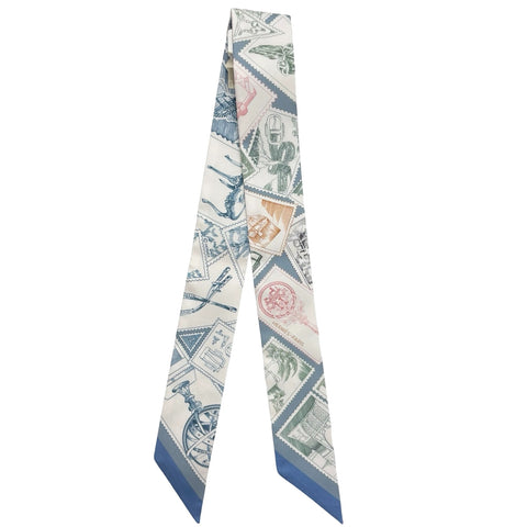【新品未使用】 Hermes エルメス ツイリー《フォ一ブルの切手愛好家》 ツイリー ブルー・モワイヤン/白/ピンク シルク100％ 新品未使用 100%SILK