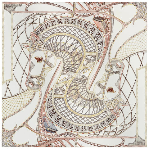 【新品未使用】 Hermes エルメス SCARF カレ 90 《ヘパイストスの馬》 スカーフ SCARF 白 / ブロンズ / ボワ・ドゥ・ローズ シルク100％ 新品未使用 100%SILK