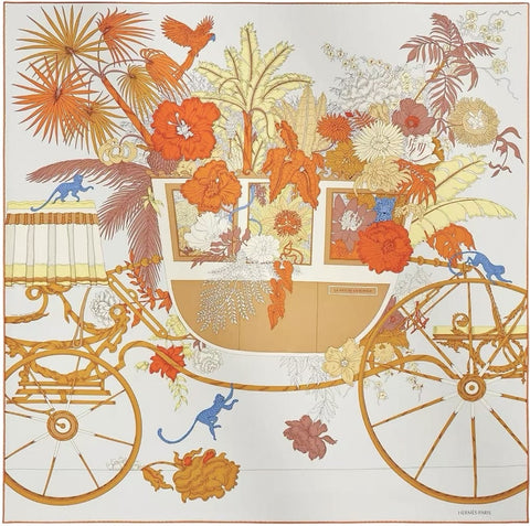 【新品未使用】 Hermes エルメス SCARF カレ 90 《自然と旅》 スカーフ SCARF グリ・ペルル / オランジュ・キュイ / イエロー シルク100％ 新品 100%SILK