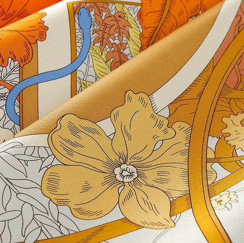 【新品未使用】 Hermes エルメス SCARF カレ 90 《自然と旅》 スカーフ SCARF グリ・ペルル / オランジュ・キュイ / イエロー シルク100％ 新品 100%SILK