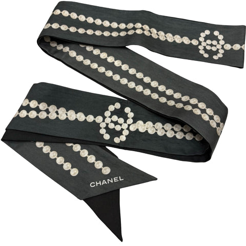 【美品】 CHANEL シャネル TWILLY ツイリー 小物 ブラック/グレー シルク BLACK/GRAY SILK 中古
