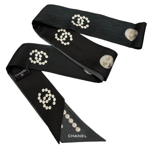 【美品】 CHANEL シャネル TWILLY ツイリー 小物 ブラック/グレー シルク BLACK/GRAY SILK 中古