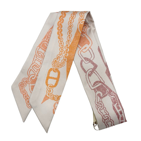 【新品未使用】 Hermes エルメス TWILLY ツイリー 《ブックル・エ・マイヨン》 小物 グレージュ / ブリック / オレンジ シルク100％ 新品未使用