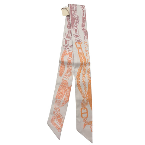 【新品未使用】 Hermes エルメス TWILLY ツイリー 《ブックル・エ・マイヨン》 小物 グレージュ / ブリック / オレンジ シルク100％ 新品未使用