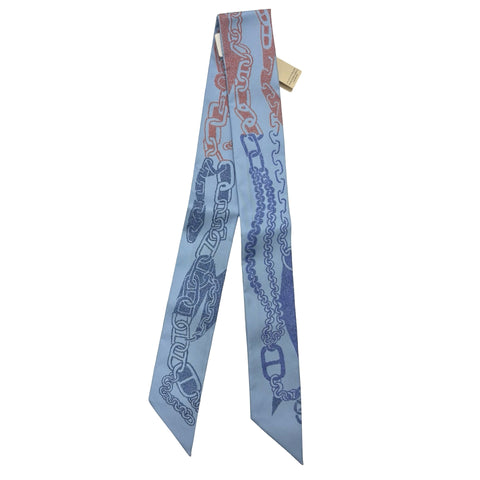 【新品未使用】 Hermes エルメス TWILLY ツイリー 《ブックル・エ・マイヨン》 小物 ブルー・シエル / ブリック / ブルー・ジーン シルク100％ 新品未使用