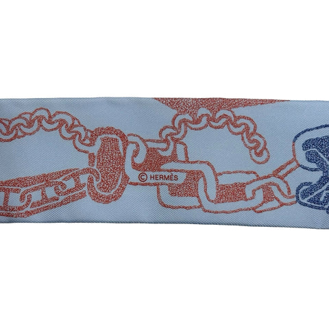 【新品未使用】 Hermes エルメス TWILLY ツイリー 《ブックル・エ・マイヨン》 小物 ブルー・シエル / ブリック / ブルー・ジーン シルク100％ 新品未使用