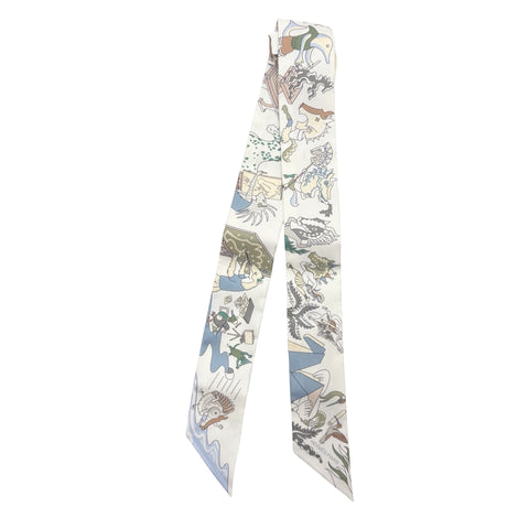 【新品未使用】 Hermes エルメス TWILLY ツイリー 《アカデミア・イピカ》 小物 白 / ブルー・クレール / グリーン シルク100％ 新品未使用