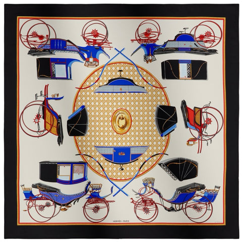 【新品未使用】 Hermes エルメス カレ90《折り畳み式幌の馬車》 スカーフ SCARF 黒 / クレーム / ブルー・ロワイヤル シルク100％ 新品未使用 100%SILK