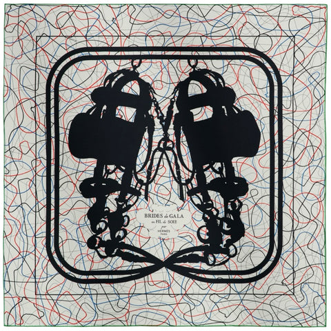【新品未使用】 Hermes エルメス カレ90《ブリッド・ドゥ・ガラ・オ・フィル・ドゥ・ソワ》スカーフ SCARF 白/黒/レッド シルク100％ 新品未使用 100%SILK