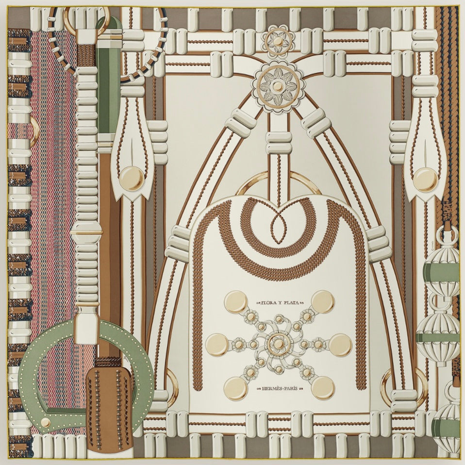 新品未使用】 Hermes エルメス カレ 90 《銀細工の花》 小物 クレーム