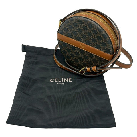 【美品】 CELINE セリーヌ TRIOMPHE ROUND PURSE ラウンドパース トリオンフ ショルダーバッグ ブラウン PVC×レザー 中古 USED バッグ