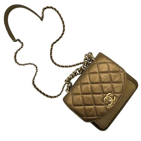 [Used] CHANEL 2-way chain shoulder handbag, gold, calfskin, caviar skin, gold-colored, gold hardware, 28 series (2019-2020), brand bag, used, women's (CHANEL, 2-way, chain, shourderbag, handbag, calfskin, caviaskin, gold, bag, used)