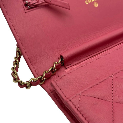 [Used] CHANEL Matelasse Double Piece Chain Wallet Long Wallet Pink Lambskin Pink Gold Hardware 22 Series (2016) Brand Wallet Used (CHANEL, MATELASSE, double piece, pink, lambskin, gold, chainwallet, used)