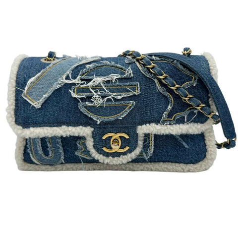 [Used] CHANEL patchwork denim mouton chain shoulder bag denim blue gold hardware 28 series (2019) brand bag shoulder bag used item (CHANEL, patchwork, denim, mouton, chain, shourderbag, blue, hieroglyph, gold, used)