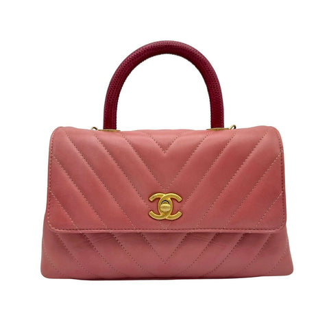 [Used] CHANEL V-stitch coco handle 2-way shoulder bag Pink lambskin Pink-based Gold hardware 25th series (2018) Brand bag Handbag Used (CHANEL, vstitch, cocohandle, pink, lambskin, gold, 2-way, handbag, shourderbag, used)