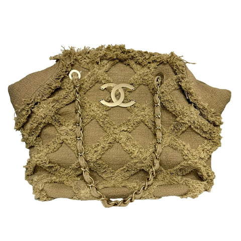 【中古】 CHANEL シャネル ココマーク ラフィア ツイード チェーン トートバッグ ベージュ ゴールド金具 13番台(2009年) ブランドバッグ 中古品 (CHANEL,cocomark,raffia,tweed,beige,chaintotebag,gold,used)