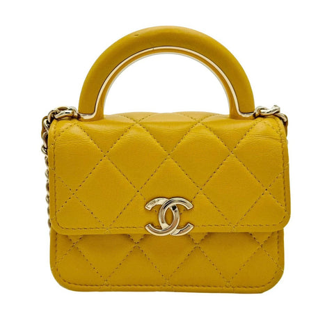 【中古】 CHANEL シャネル マトラッセ トップハンドル ミニ ショルダーバッグ イエロー ラムスキン イエロー系 ゴールド金具 ランダム番(2021年～) 中古品 (CHANEL,matelasse,tophandle,mini,shourderbag,rambskin,yellow,gold,used)