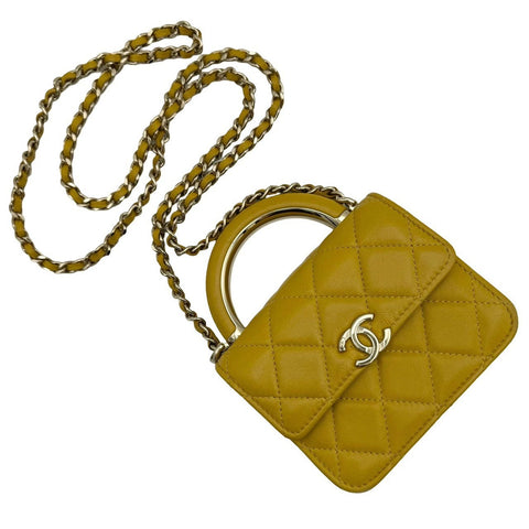 【中古】 CHANEL シャネル マトラッセ トップハンドル ミニ ショルダーバッグ イエロー ラムスキン イエロー系 ゴールド金具 ランダム番(2021年～) 中古品 (CHANEL,matelasse,tophandle,mini,shourderbag,rambskin,yellow,gold,used)